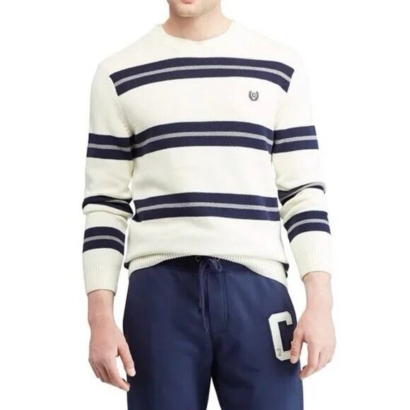 Chaps Ralph Lauren Unisex Crewneck Cotton Striped Blue Cream Sweater Size Large - Picture 1 of 8
